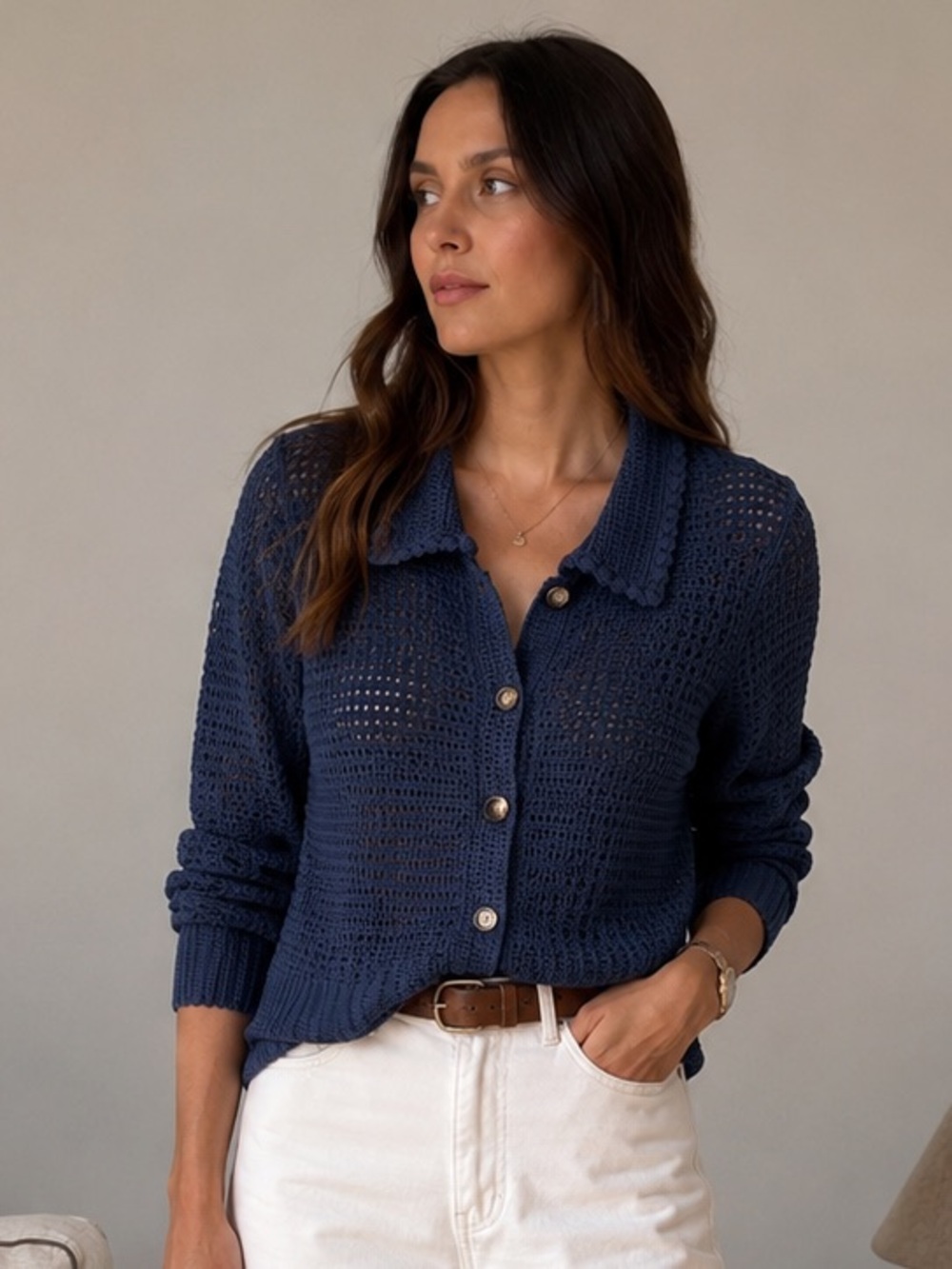 Ann Taylor Blue Crochet Sheer Knit Collared Cardigan Sweater Large Summer Layer